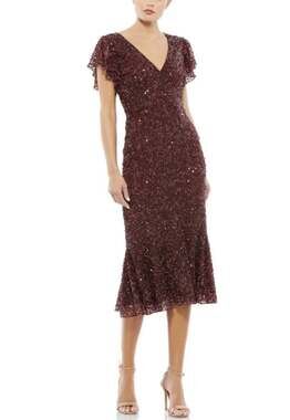 Mac Duggal 10801 Burgundy Red Cocktail Dress Sequined Mermaid Sheath Midi Size 0